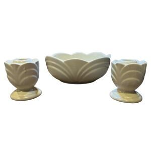 Vtg Shawnee Pottery Matte Bowl Candlestick Console Set Cream Deco MCM Cottage